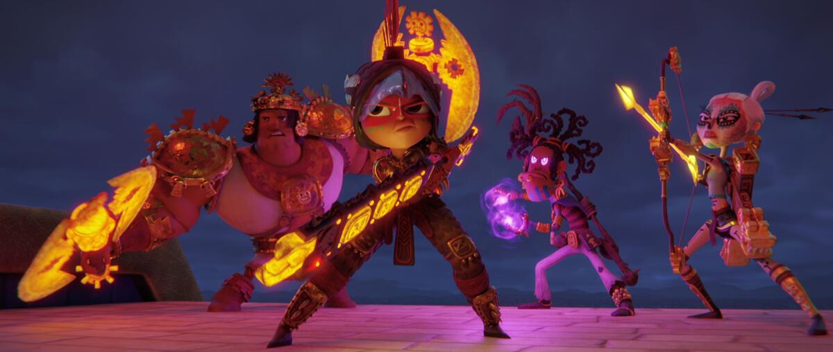 Four animated characters brandish glowing weapons.