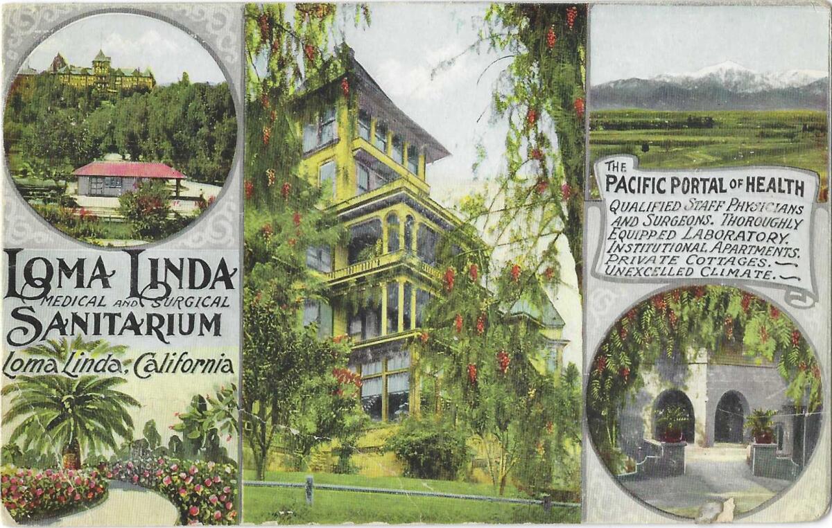 The postcard says the sanitarium is the "Pacific Portal of health" with an "unexcelled climate."