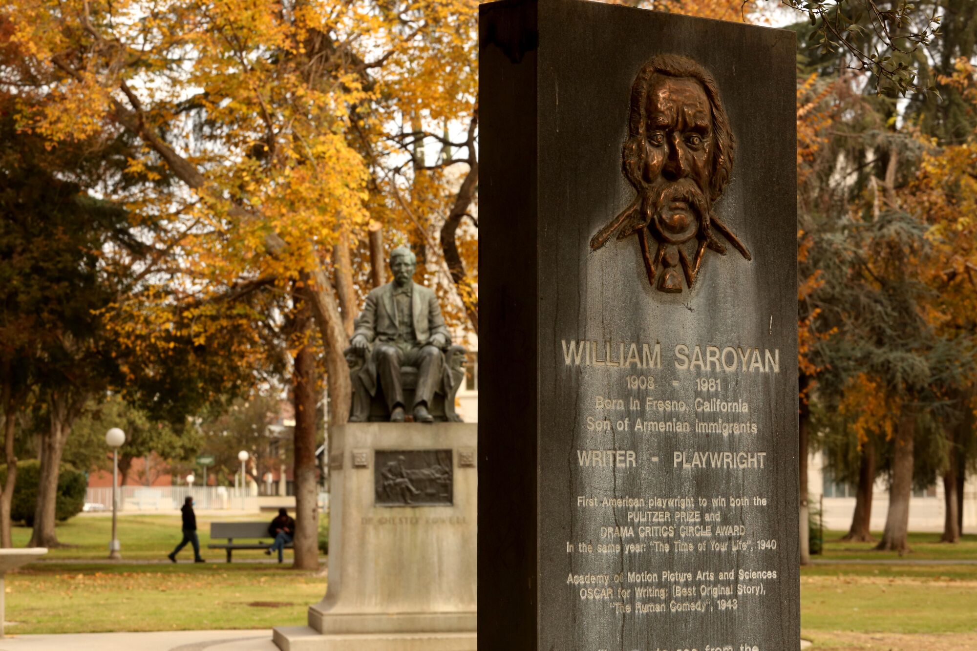 The William Saroyan Monument and Dedicatory Plaque stands in Courthouse Park in downtown Fresno