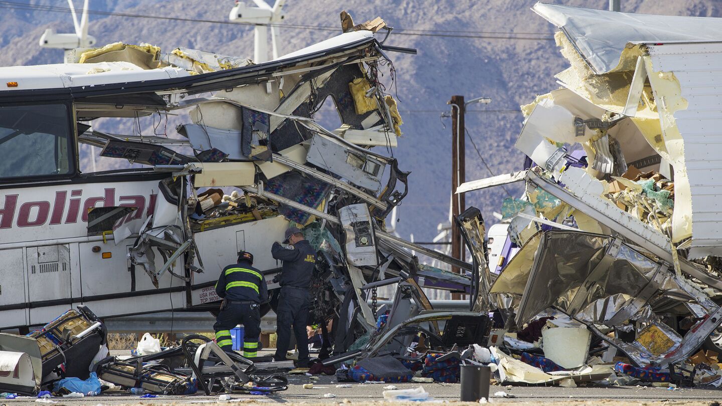 Authorities said 13 people were killed and 31 injured Sunday morning when a tour bus crashed into the back of a big rig near Palm Springs.
