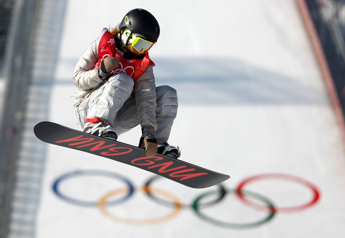 Jamie Anderson of the U.S. in action during the women's snowboard big air final.