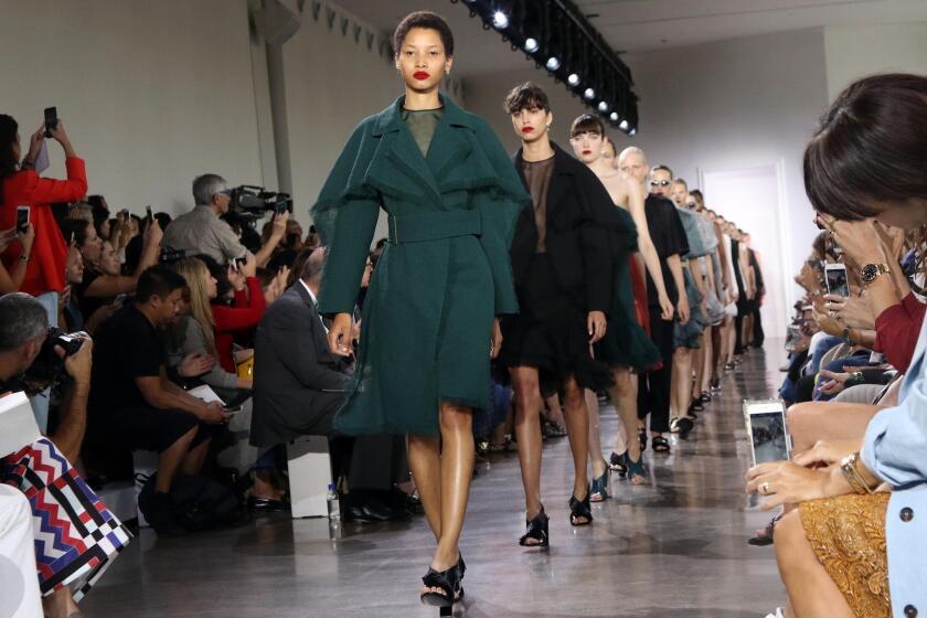 Models present designs by Jason Wu during New York Fashion Week on Friday.