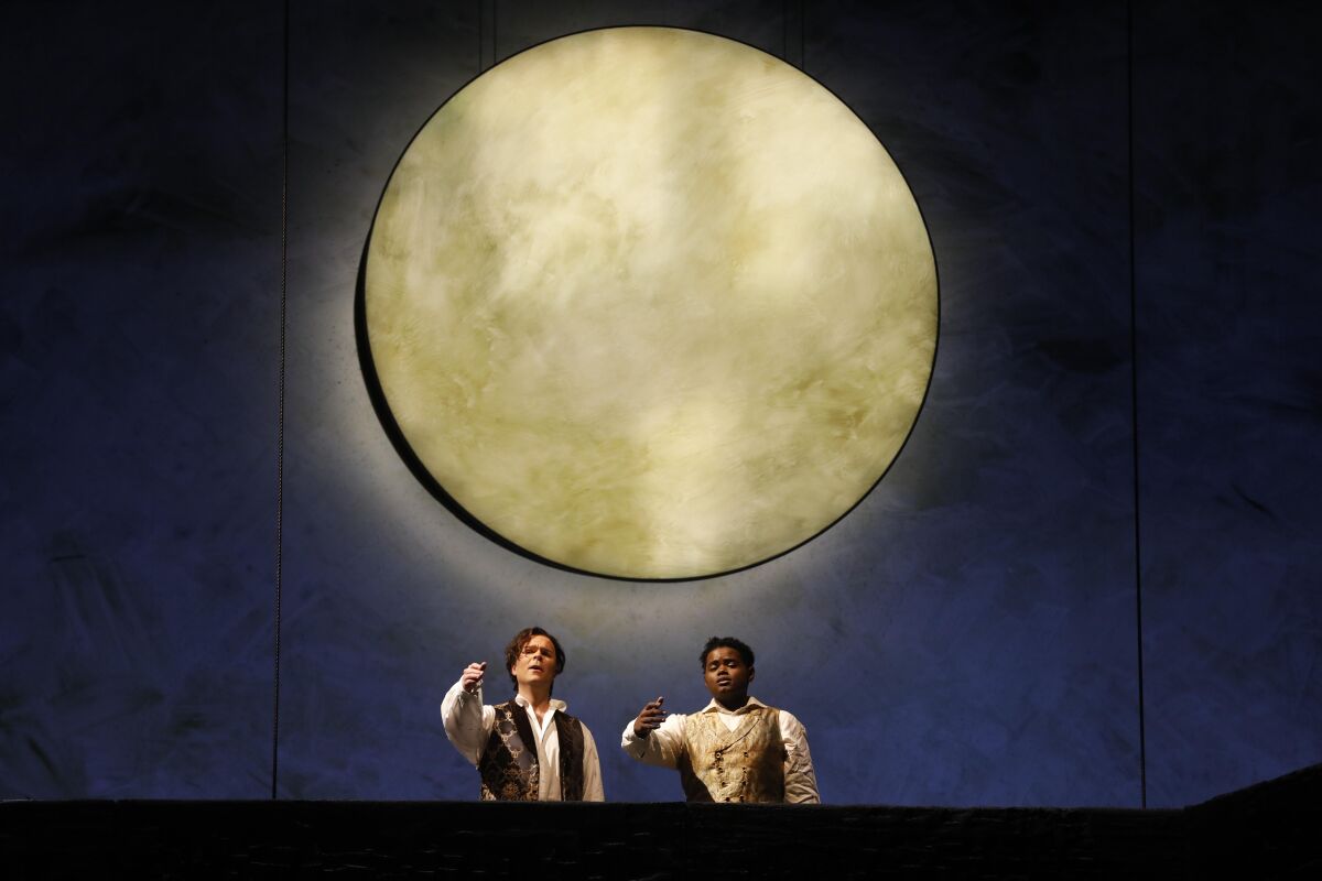 Joshua Hopkins, left,  and John Holiday perform in L.A. Opera’s “Eurydice” in January. 