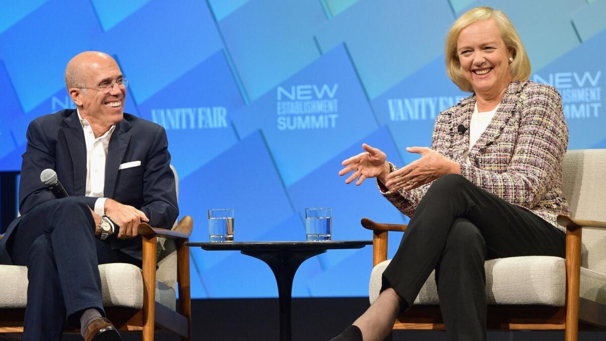 Founder and chairman of NewTV, Jeffrey Katzenberg, and CEO of NewTV, Meg Whitman, onstage at Day 2 of the Vanity Fair New Establishment Summit 2018 in Beverly Hills.