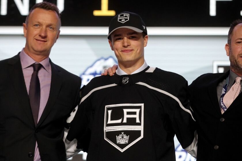 VANCOUVER, BRITISH COLUMBIA - JUNE 21: Alex Turcotte reacts after being selected fifth overall by the Los Angeles Kings during the first round of the 2019 NHL Draft at Rogers Arena on June 21, 2019 in Vancouver, Canada. (Photo by Bruce Bennett/Getty Images) ** OUTS - ELSENT, FPG, CM - OUTS * NM, PH, VA if sourced by CT, LA or MoD **
