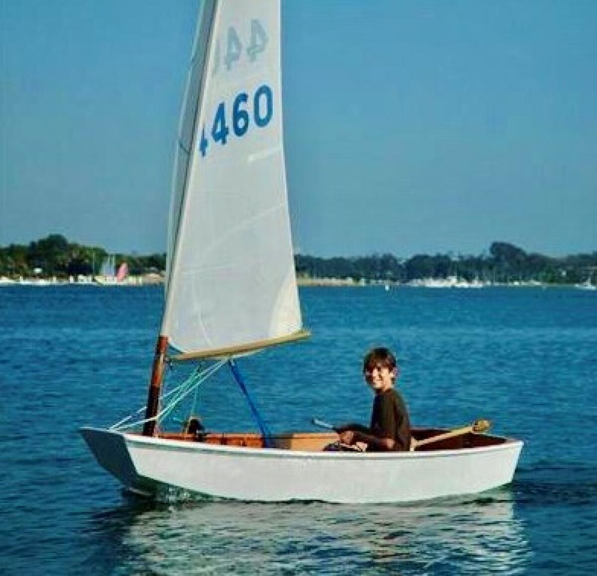 Thomas Schibler by Mission Bay Yacht Club in 2008 in Sabot No. 4460 made by Brian Thomas 43 years earlier.