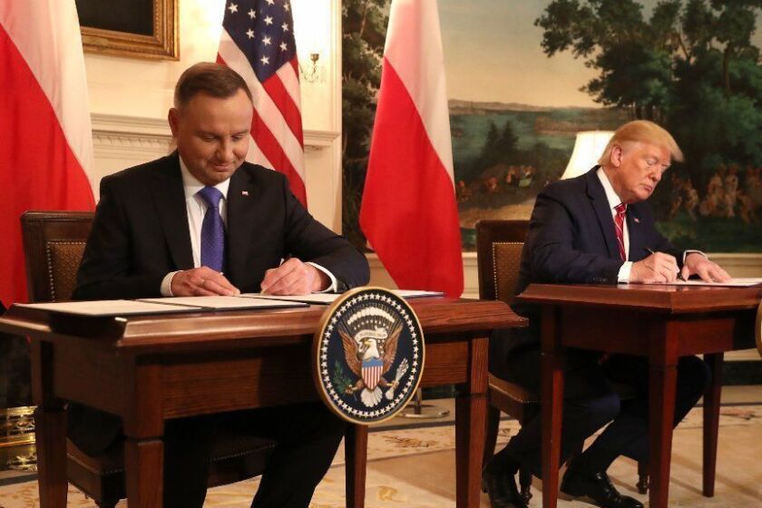 WASHINGTON, DC - JUNE 12: U.S. President Donald Trump and the President of Poland, Andrzej Duda sign a defense deal at the White House on June 12, 2019 in Washington, DC. Later this evening President Trump will host a Polish-American reception in honor of the visiting president. (Photo by Mark Wilson/Getty Images) ** OUTS - ELSENT, FPG, CM - OUTS * NM, PH, VA if sourced by CT, LA or MoD **
