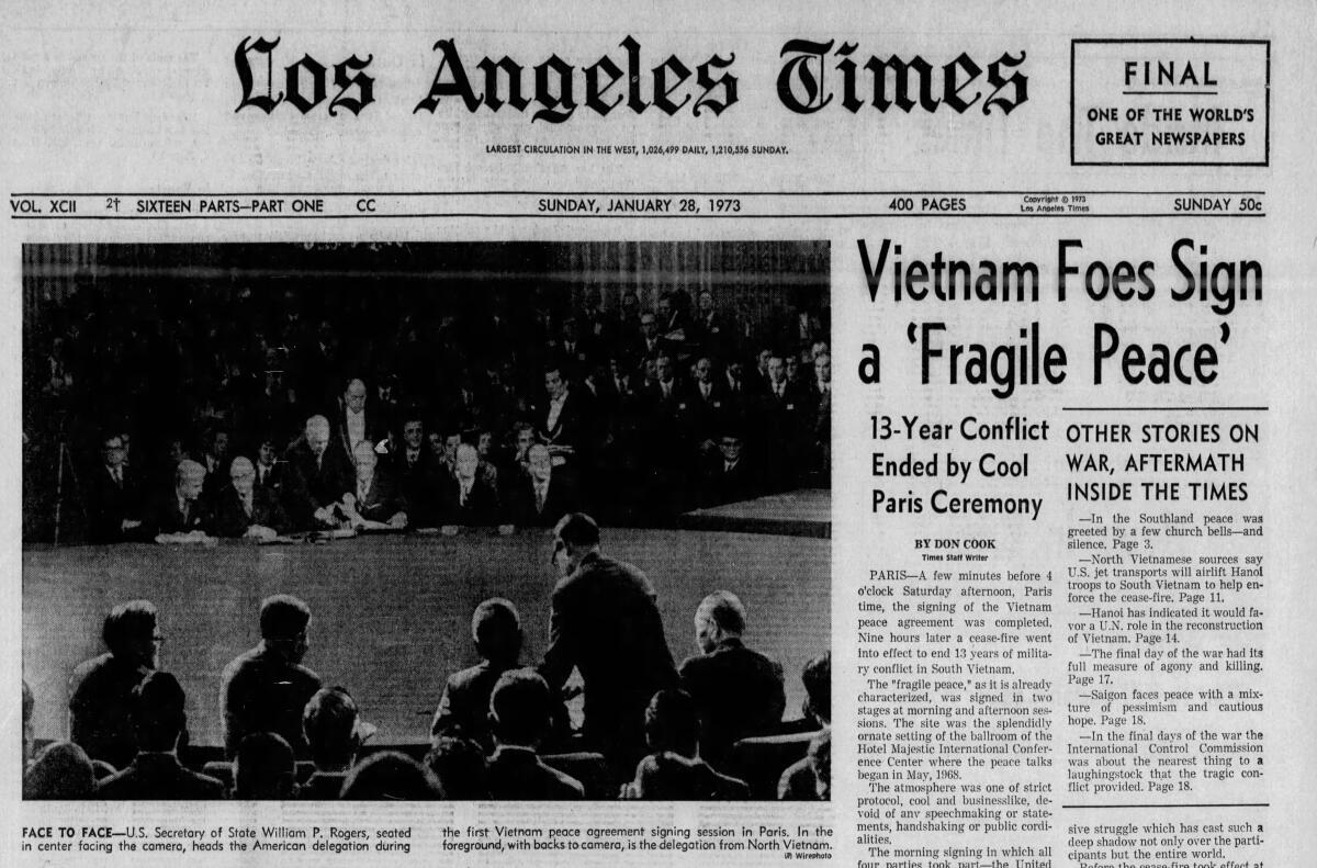 A newspaper front page has the headline "Vietnam Foes Sign a 'Fragile Peace.'"