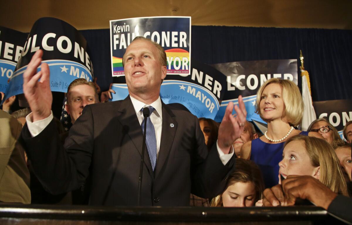 San Diego mayoral candidate Kevin Faulconer speaks to supporters just before he was declared winner of Tuesday's election.