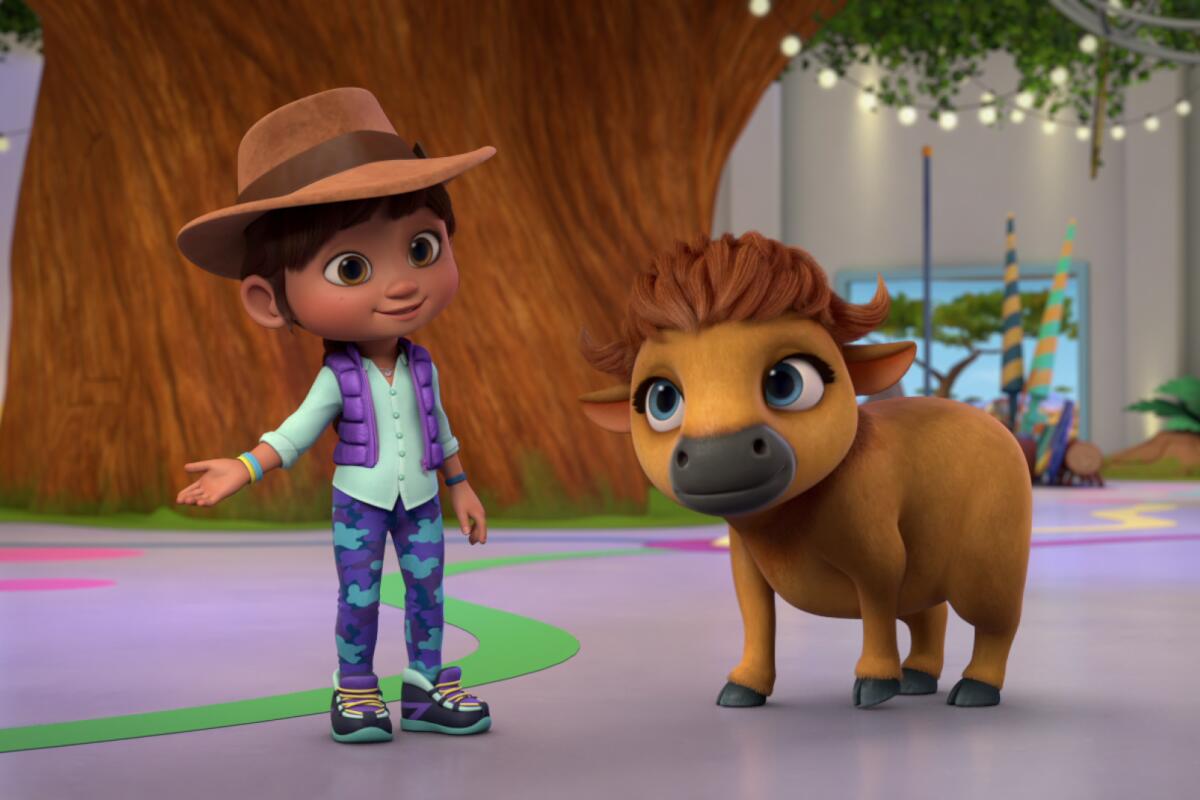 An animated girl in an adventurer's hat and vest with a bison