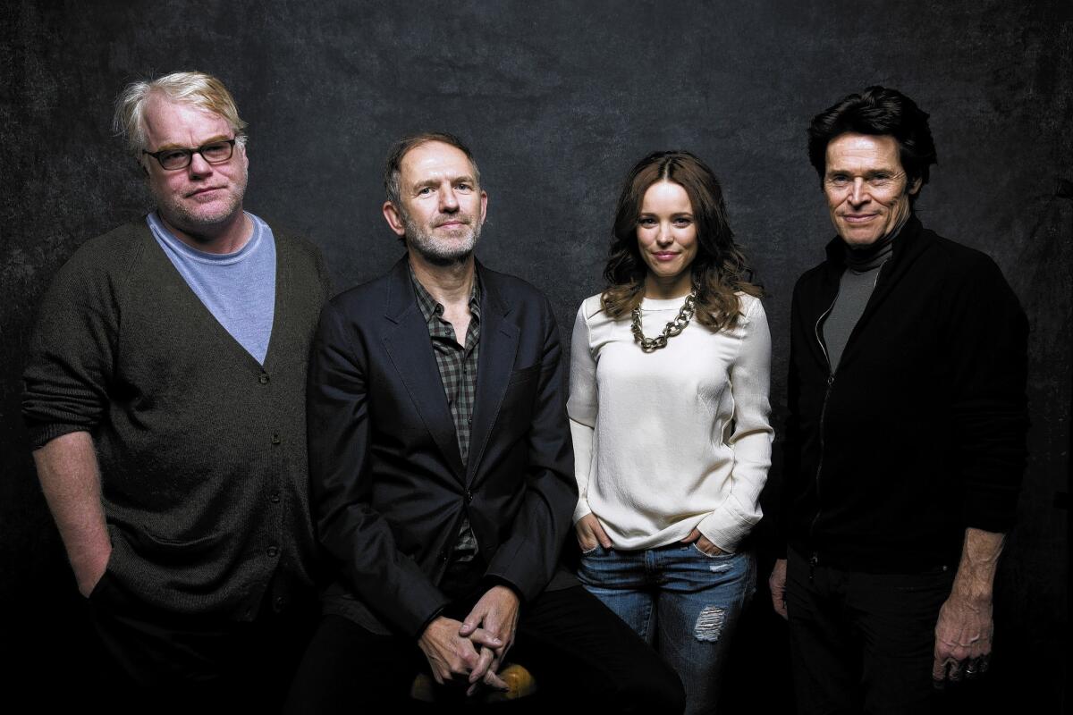 The cast of "A Most Wanted Man," with Phillip Seymour Hoffman, left, director Anton Corbijn, Rachel McAdams and Willem DeFoe, in the L.A. Times photo & video studio at the 2014 Sundance Film Festival on Jan. 19, 2014.