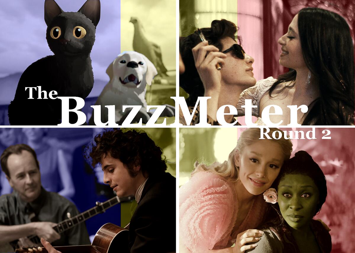 Four films scenes, from "Flow," "Anora," "Wicked" and "A Complete Unknown."