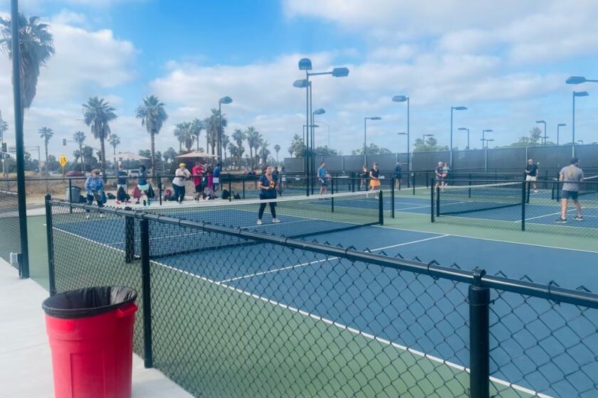 Pickleball players try out some of the seven new courts currently open at Barnes Tennis Center in Point Loma.