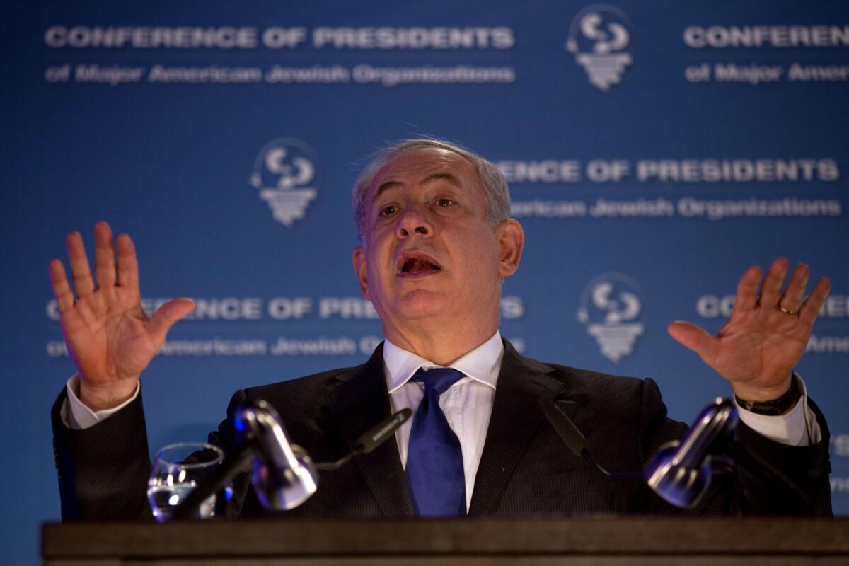 Israeli Prime Minister Benjamin Netanyahu speaks at the opening of the Conference of Presidents of Major American Jewish Organizations in Jerusalem.