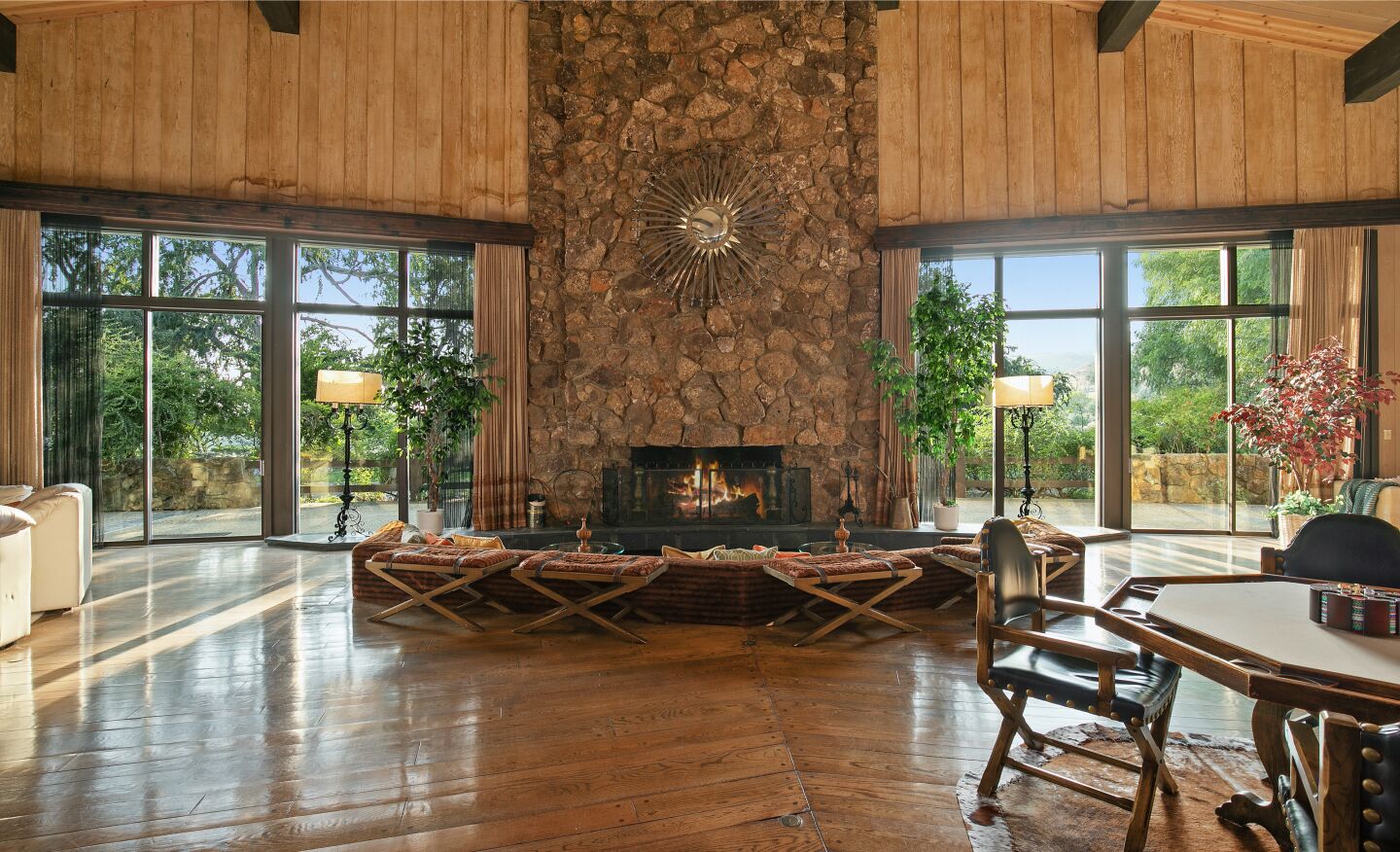 The stone fireplace.