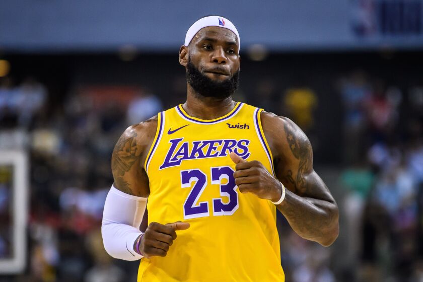 SHENZHEN, CHINA - OCTOBER 12: #23 Lebron James of the Los Angeles Lakers reacts during a preseason game as part of 2019 NBA Global Games China at Shenzhen Universiade Center on October 12, 2019 in Shenzhen, Guangdong, China. (Photo by Stringer/Anadolu Agency via Getty Images)