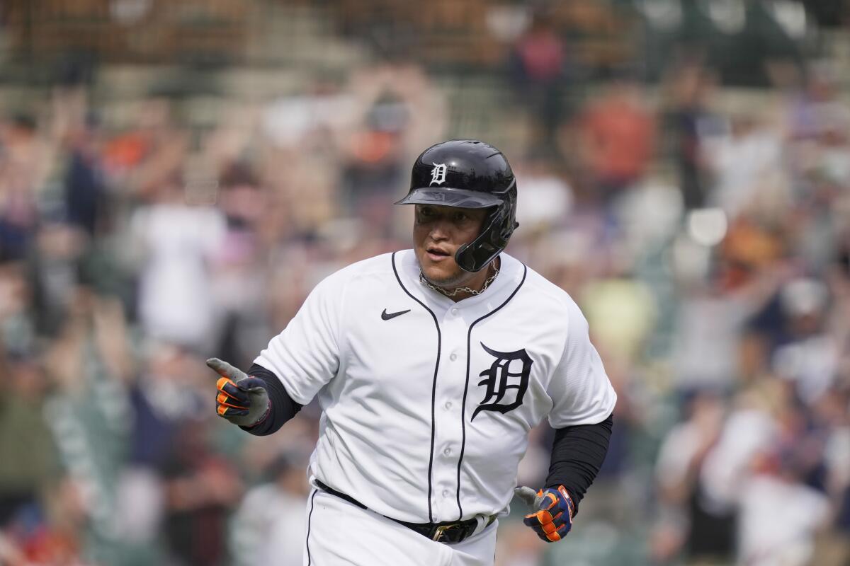 Miguel Cabrera of the Detroit Tigers watches from the dugout