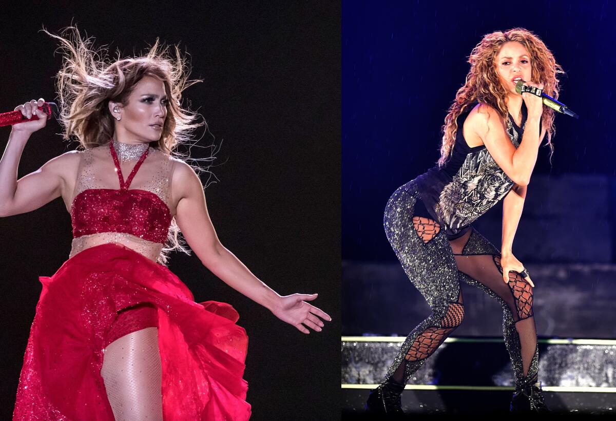  Jennifer Lopez and Shakira perform on stage.