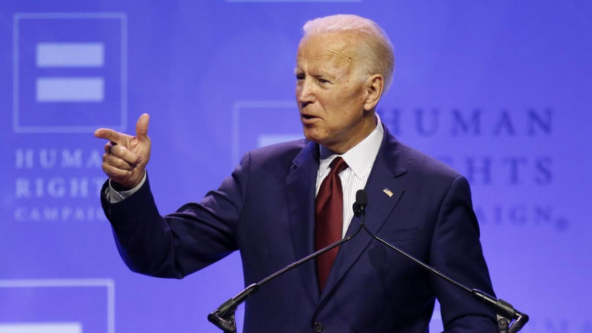 Democratic presidential candidate Joe Biden, who was not among the 14 hopefuls who made appearances at the California Democratic Party convention last weekend, speaks at Ohio State University on June 1.
