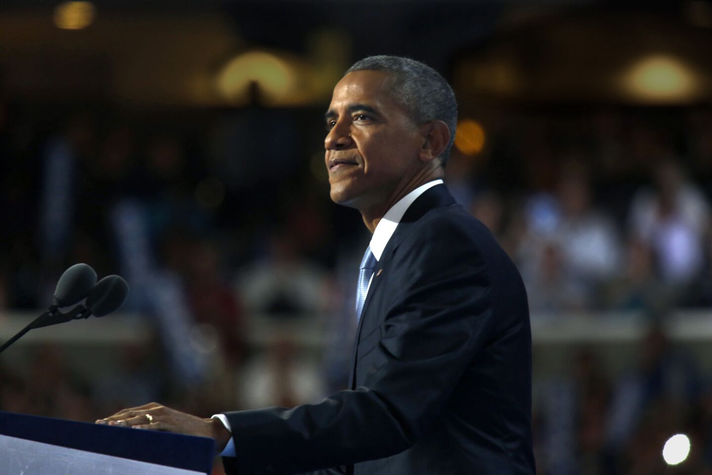 President Barak Obama speaks to the delegates on the third day of the Democratic National Convention.