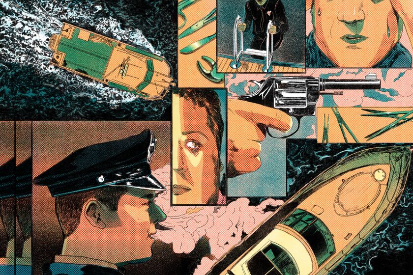 Illustration showing noir-ish comic-like scenes involving two boats, detectives, men, a gun and surgical instruments.
