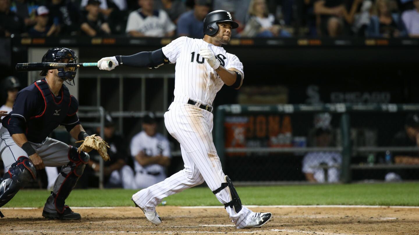 Yoan Moncada (10) swings through on an RBI double in the eighth inning against the Indians at Guaranteed Rate Field on July 28, 2017.