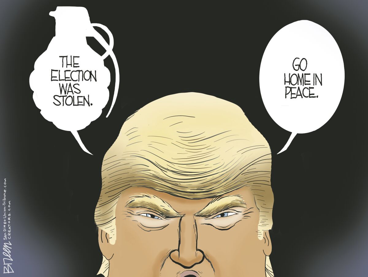 Trump tells followers the election was stolen in a word bubble shaped like a grenade in this Breen cartoon