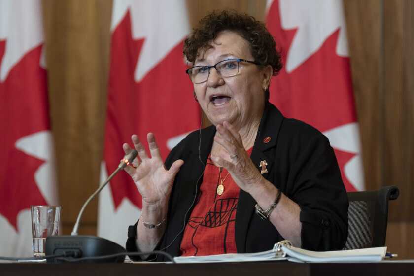 FILE - Senate committee on Human Rights committee member Sen. Yvonne Boyer responds to a question from the media during a news conference, Thursday, July 14, 2022 in Ottawa. Boyer, who has proposed law that would make forced sterilization itself a crime, said the long history of mistrust between Indigenous people and the police made it difficult for many victims to pursue criminal prosecution. “If a police officer becomes aware of a crime being committed, they have an obligation to investigate,” Boyer said. “Why would it be any different for an Indigenous woman being sterilized without consent?” (Adrian Wyld/The Canadian Press via AP, File)