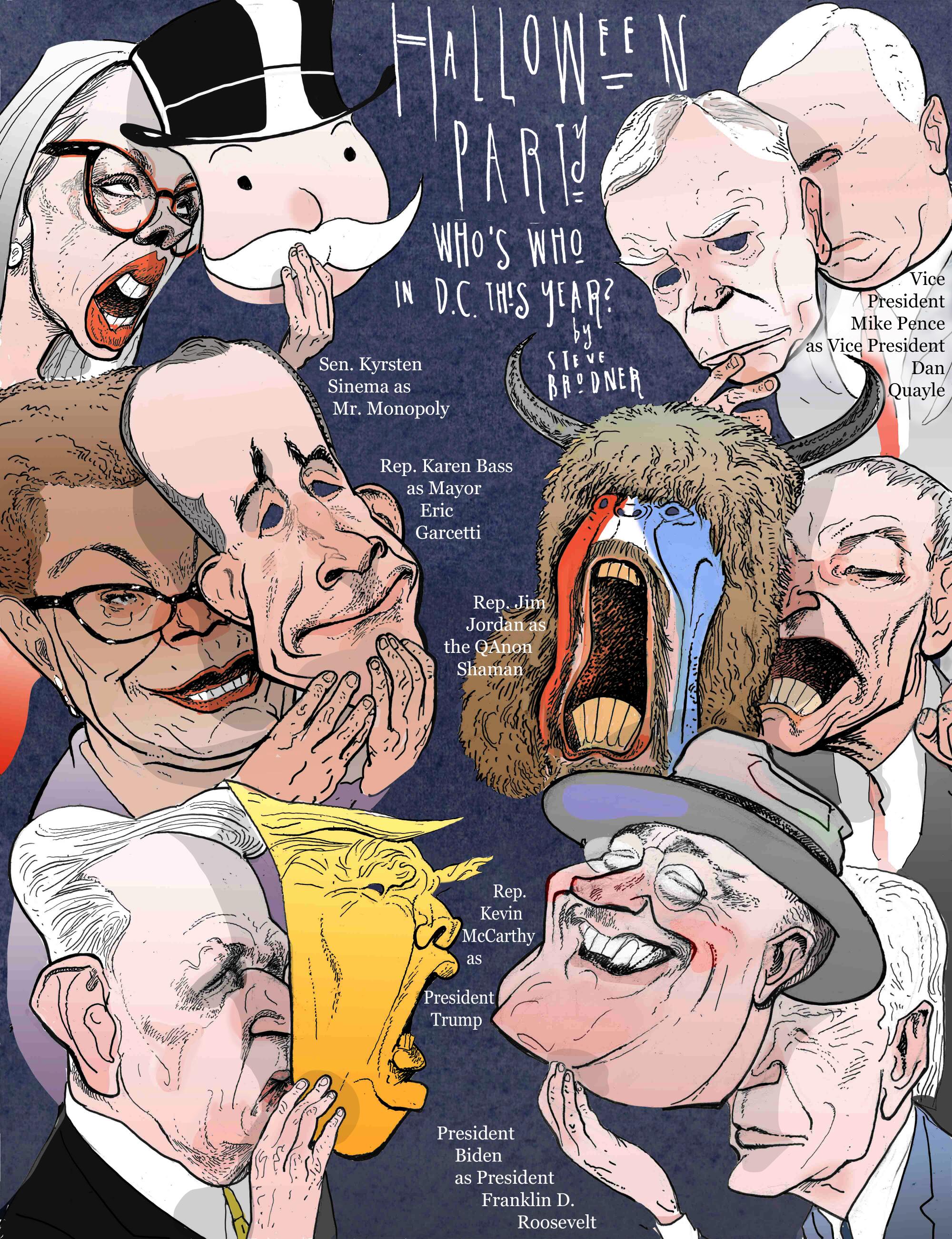 Illustration of caricature faces of six politicians wearing Halloween-style masks