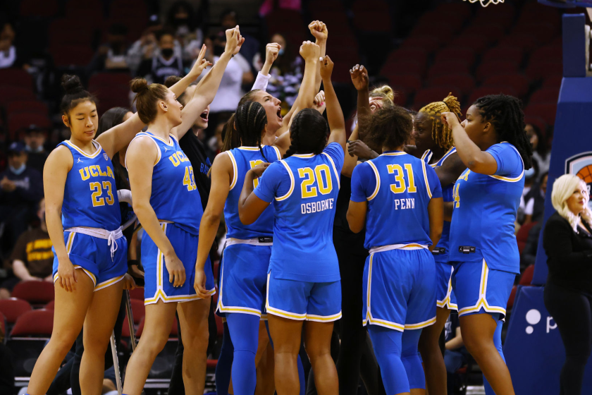 NEWARK, NJ - DECEMBER 11: The UCLA Bruins huddle before a game against the Connecticut Huskies.