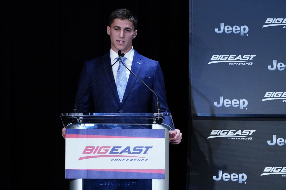 Collin Gillespie speaks after being named Big East player of the year before the start of the Big East Basketball tournament Wednesday, March 9, 2022, in New York. (AP Photo/Frank Franklin II)