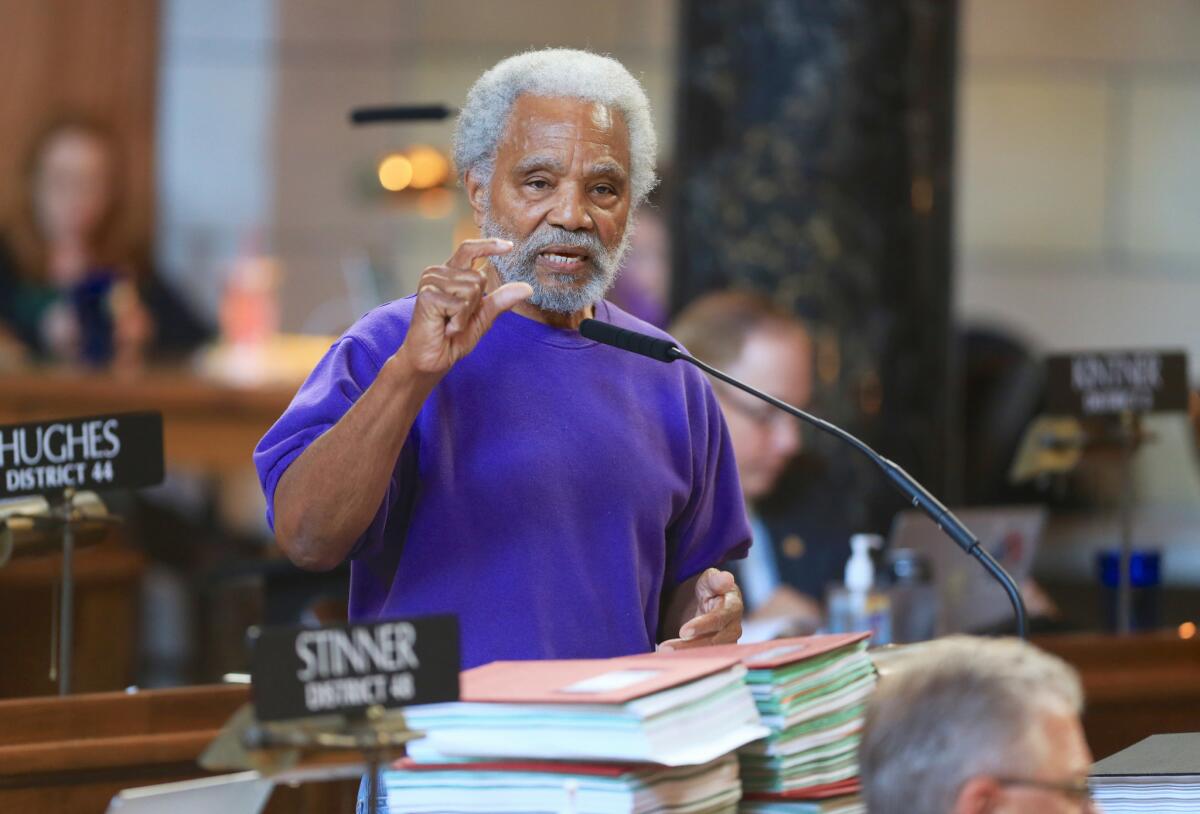 Nebraska state Sen. Ernie Chambers of Omaha speaks in Lincoln during debate on overriding Gov. Pete Ricketts' veto of a death penalty repeal bill. The Legislature was able to do just that, voting 30 to 19.