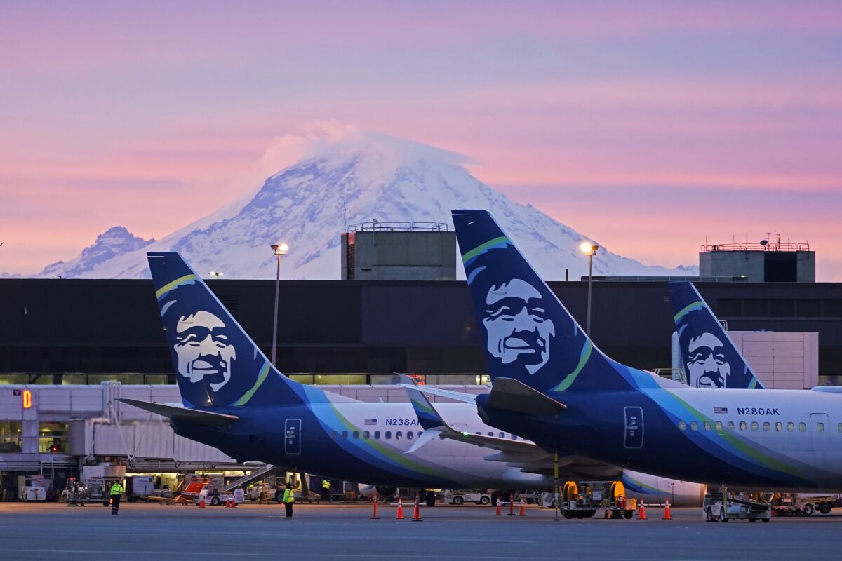 FILE - Alaska Airlines planes are parked at gates with Mount Rainier in the background at sunrise, March 1, 2021, at Seattle-Tacoma International Airport in Seattle. Alaska Airlines said Thursday, Jan. 6, 2022, it will trim its schedule by about 10% for the rest of January at it deals with “unprecedented” numbers of employees calling in sick during the current COVID-19 surge. (AP Photo/Ted S. Warren, File)