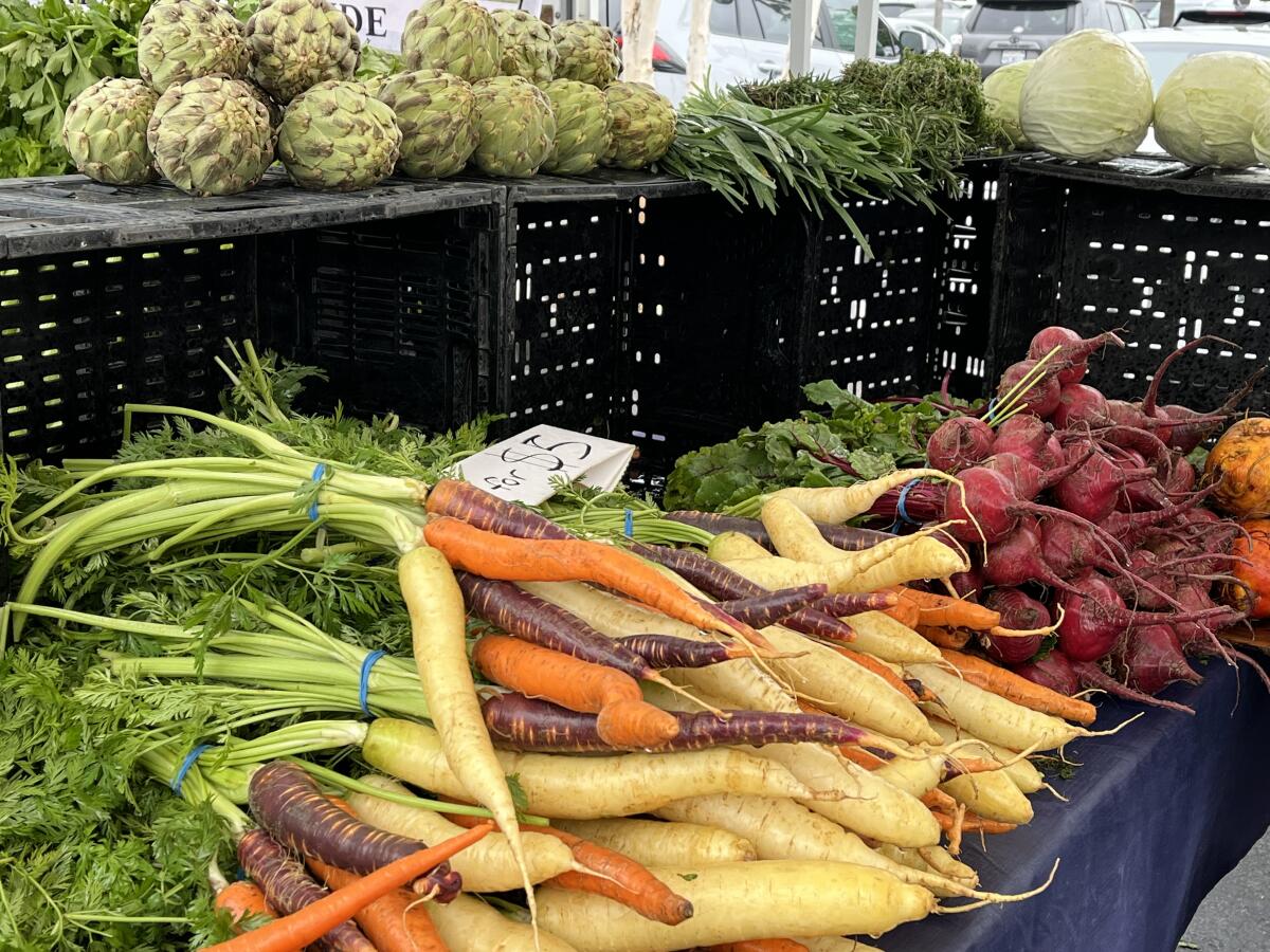 An assortment of fresh produce featured at the District at Tustin Legacy’s new farmers market.