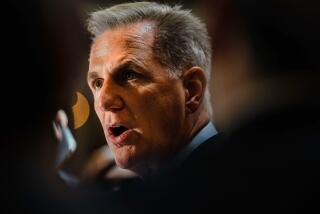 WASHINGTON, DC - MAY 24: Speaker of the House Kevin McCarthy (R-CA) stops to speak to members of the media gathered in National Statuary Hall at the U.S. Capitol on Wednesday, May 24, 2023 in Washington, DC. (Kent Nishimura / Los Angeles Times)