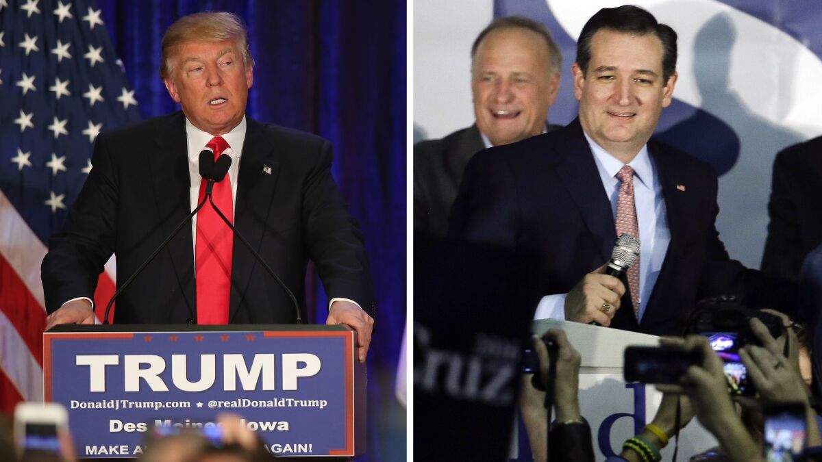 Ted Cruz, right, pulls out a win in the Republican Iowa caucus, besting Donald Trump.