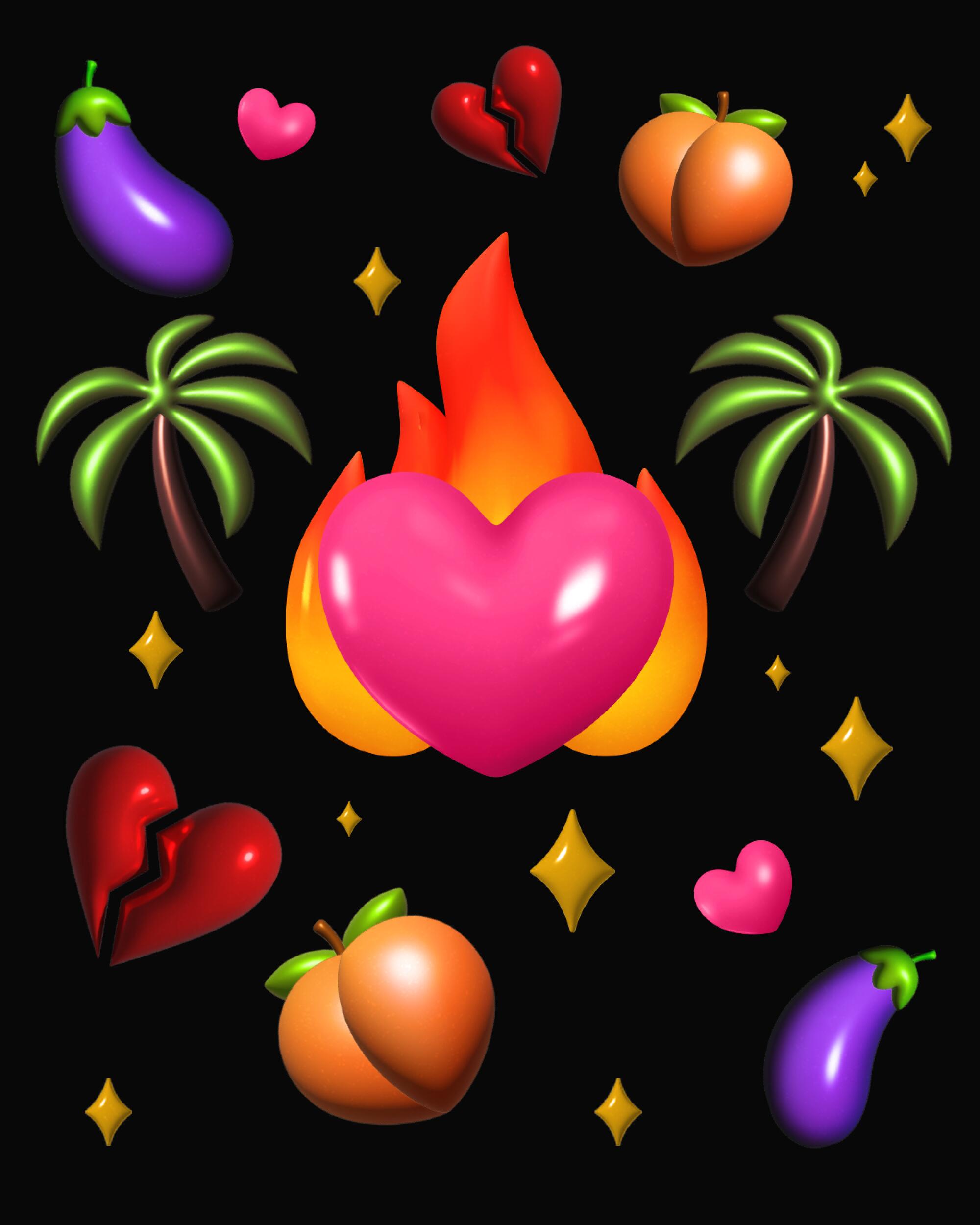A multicolored illustration of a flaming heart surrounded by palm trees, peaches, eggplants, diamonds and hearts, some broken