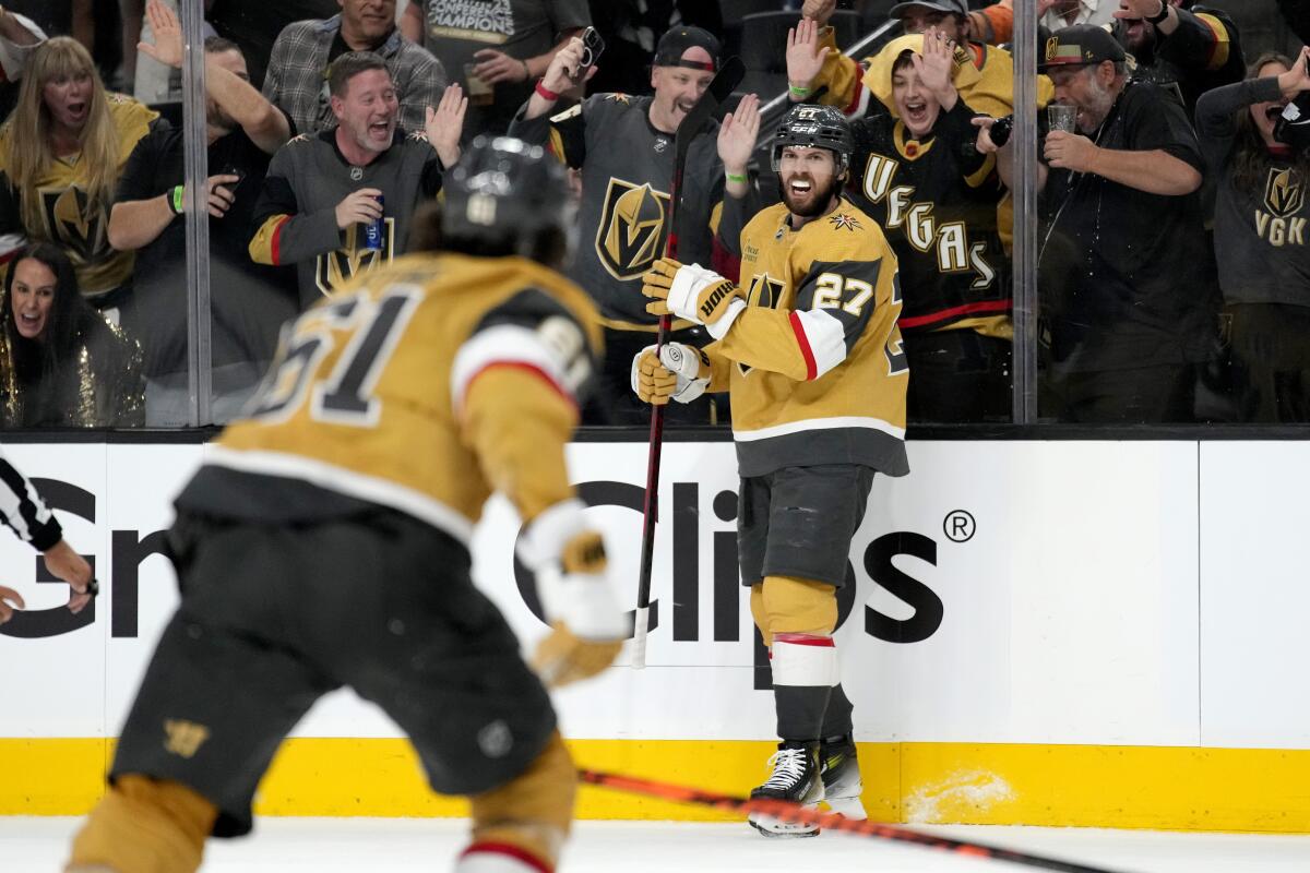 Vegas Golden Knights defenseman Shea Theodore celebrates his goal against the Florida Panthers.