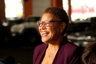 LOS ANGELES, CA - NOVEMBER 8, 2022 - - Los Angeles mayoral candidate Rep. Karen Bass smiles while answering questions for media after voting at the Baldwin Hills Crenshaw Center in Los Angeles on November 8, 2022. (Genaro Molina / Los Angeles Times)