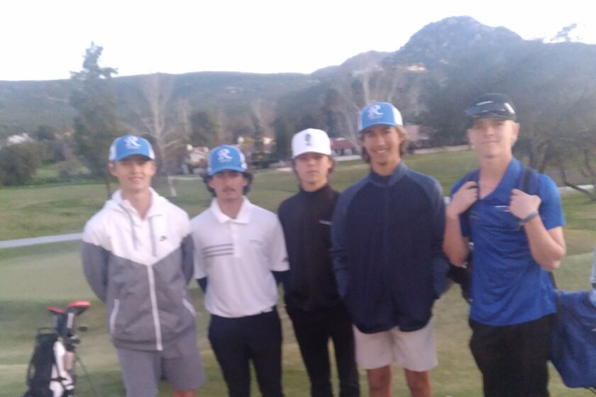 Ramona High golf team members, Christian Burton, Nathan Ward, Colin Christofferson, Alex Morgano and Conley Pavlick. 