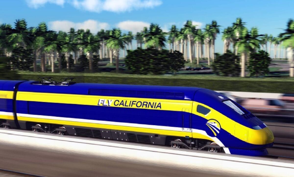 An artist's conception of a high-speed rail car in California. The state High-Speed Rail Authority has proposed building one of the first bullet-train segments between Palmdale and Burbank.