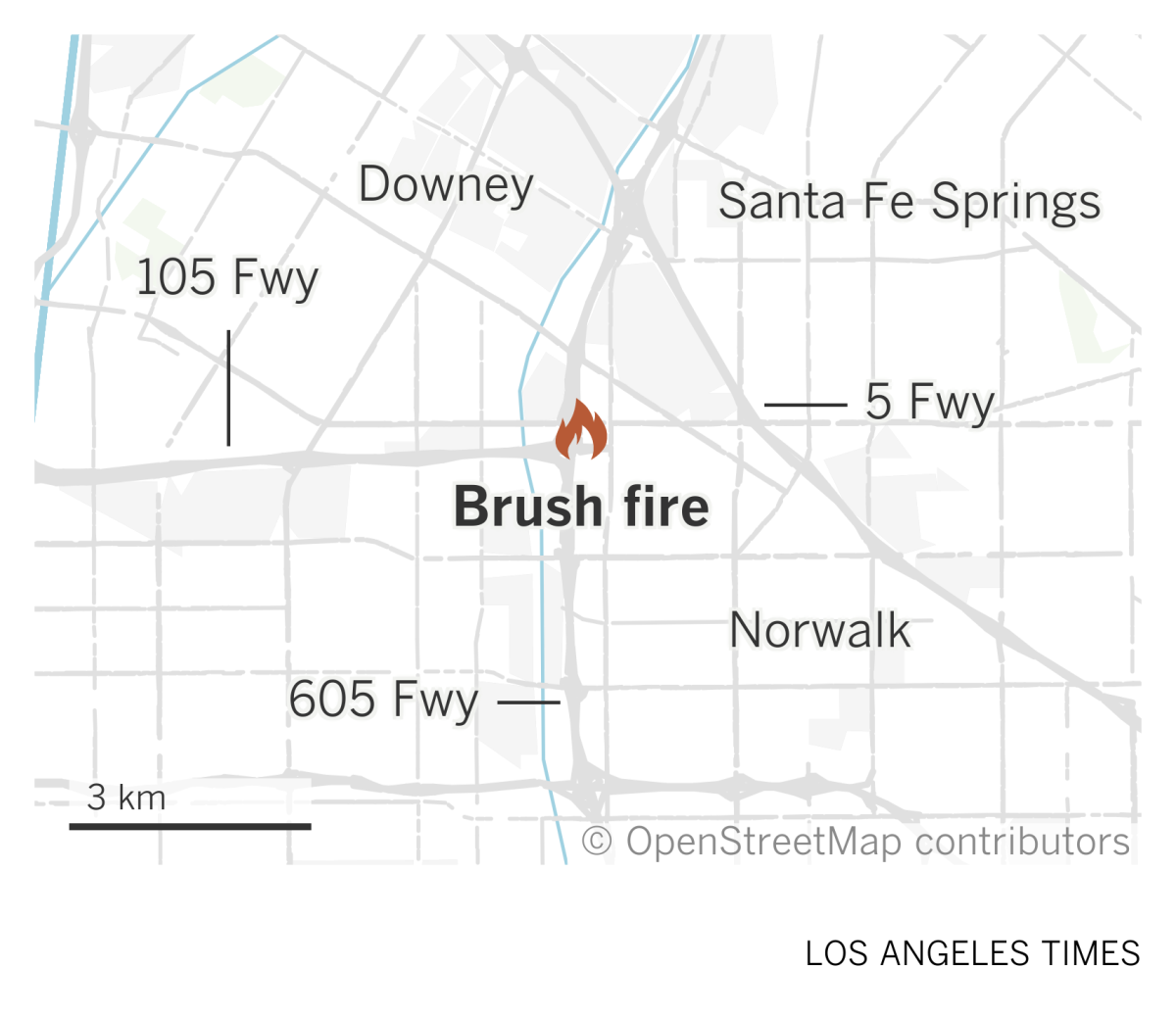 A map shows the location of a brush fire near the 105 and 605 freeways in Norwalk