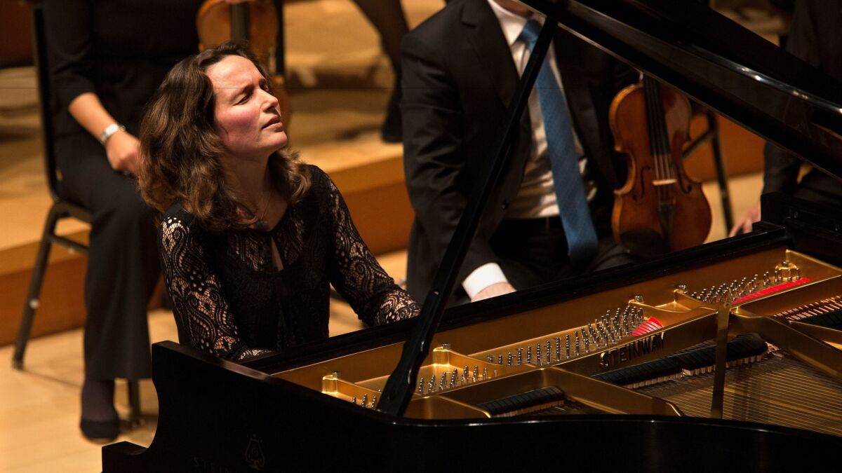 Pianist Hélène Grimaud performs a Brahms concerto at Walt Disney Concert Hall in Los Angeles.