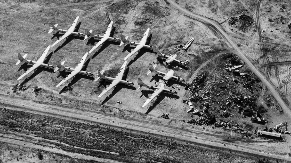 March 1960: U.S. Air Force B-36s lined up for demolition at Davis-Monthan Air Force Base in Tucson. After the aircraft are cut up, the scrap is melted down.