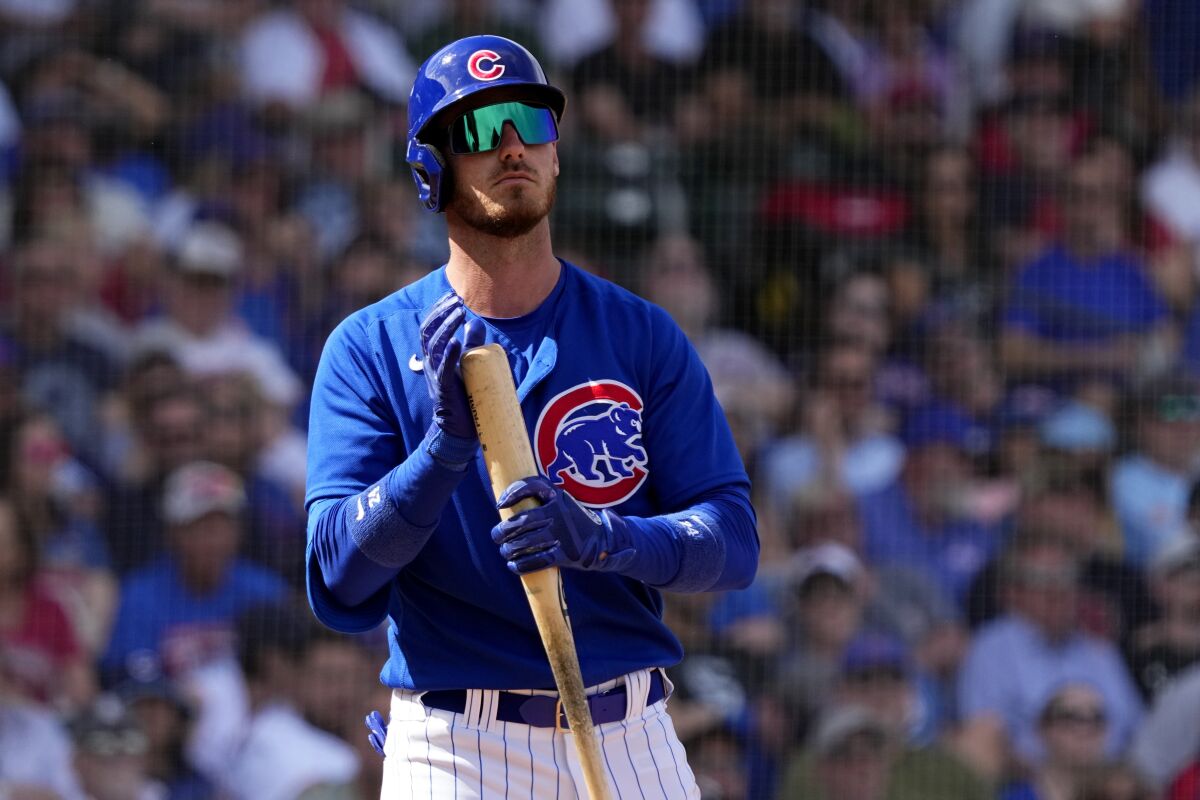 Cody Bellinger bats for the Chicago Cubs against the Chicago White Sox on March 10.
