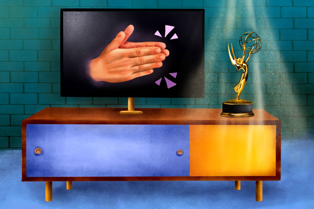 Illustration of television set with applauding hands, with Emmys statuette.