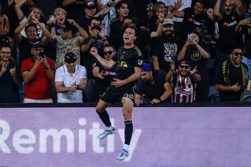 Los Angeles FC forward Daniel Musovski celebrates his goal against the FC Dallas during the first half of an MLS soccer match in Los Angeles, Wednesday, June 29, 2022. (AP Photo/Ringo H.W. Chiu)