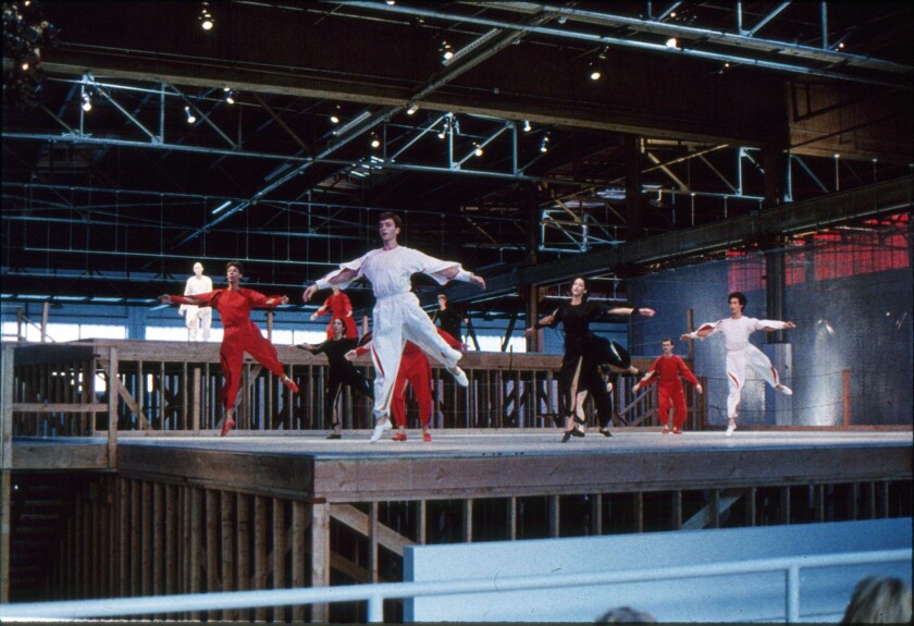 Performance at the Temporary Contemporary at the opening of MOCA in 1983. Available Light, dance by Lucinda Childs, music by John Adams, set by Frank Gehry.