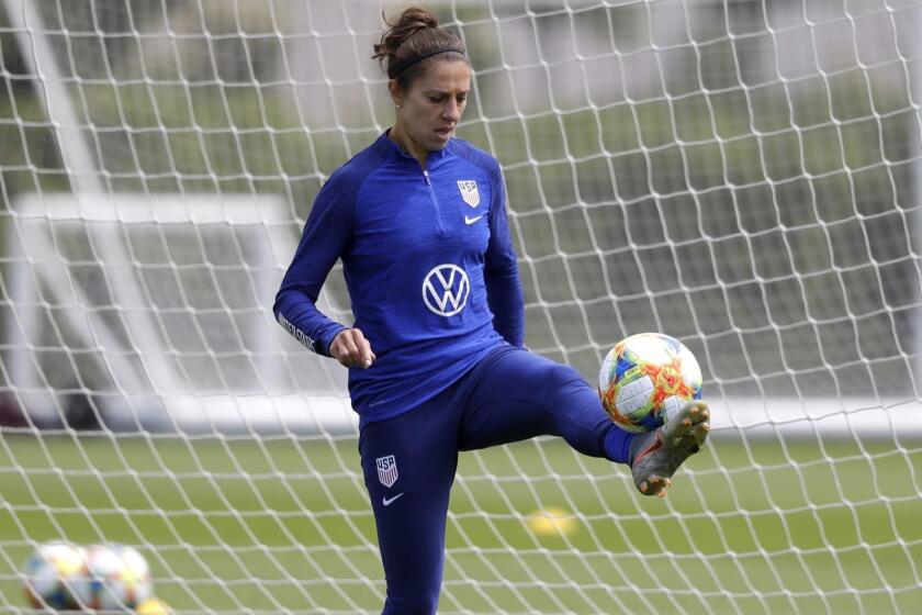 US player Carli Lloyd during a US womens soccer team training session at the Tottenham Hotspur training centre in London, Thursday, June 6, 2019. The Women's World Cup starts in France on June 7. (AP Photo/Kirsty Wigglesworth)