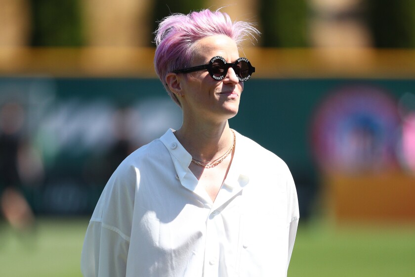 Megan Rapinoe of Seattle Reign FC looks on as she is celebrated by the city of Tacoma, Wash., on July 28 for her role in the U.S. victory in the 2019 Women's World Cup.